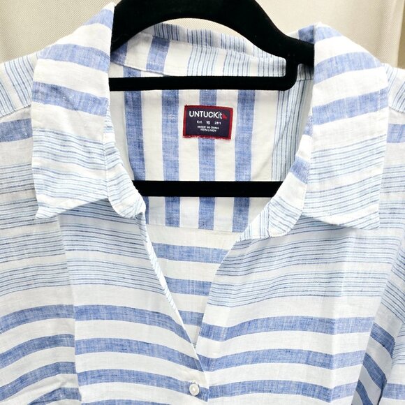 NWT UNTUCKit VIETTI BLUE WHITE STRIPED 100% LINEN BUTTON FRONT COLLARED SHIRT - Picture 2 of 8